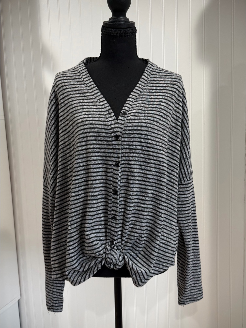 Rue21 Black and Gray Striped V-Neck Knot Front Sweater
